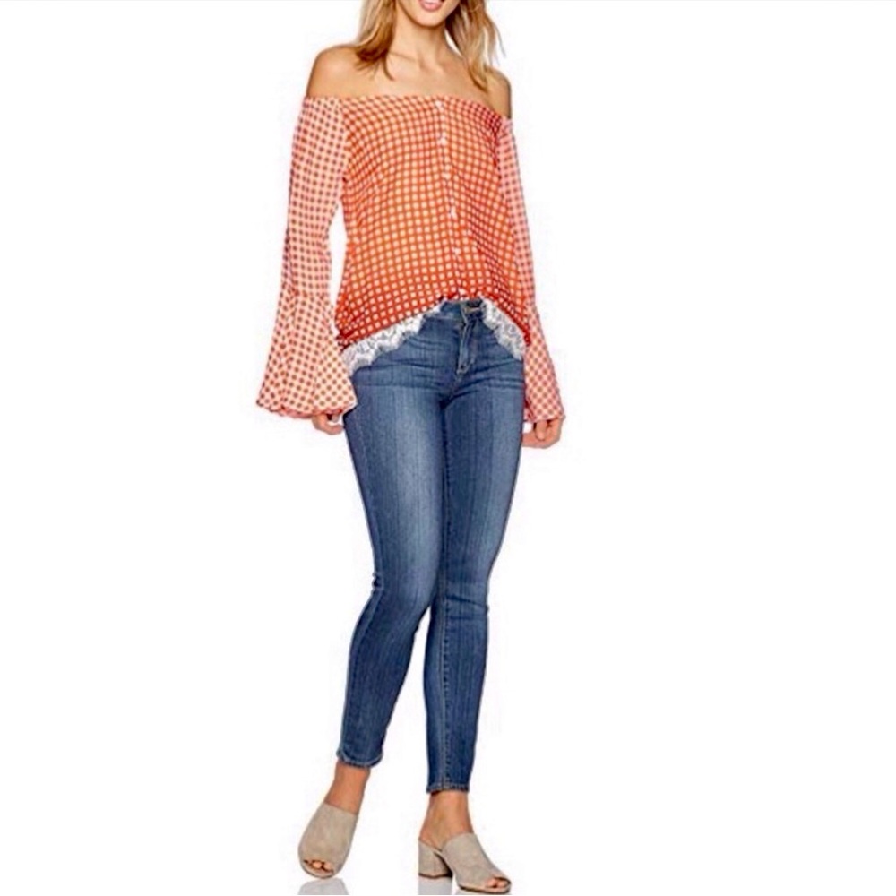 Ella Moon Stitch Fix Boho Ombré Check Bell Sleeve Off Shoulder Top Medium